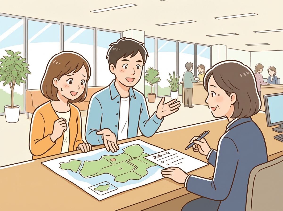 役所の窓口で農産物直売所の計画について事前相談をしている夫婦のイラスト。計画の第一歩として相談することの重要性を示している。