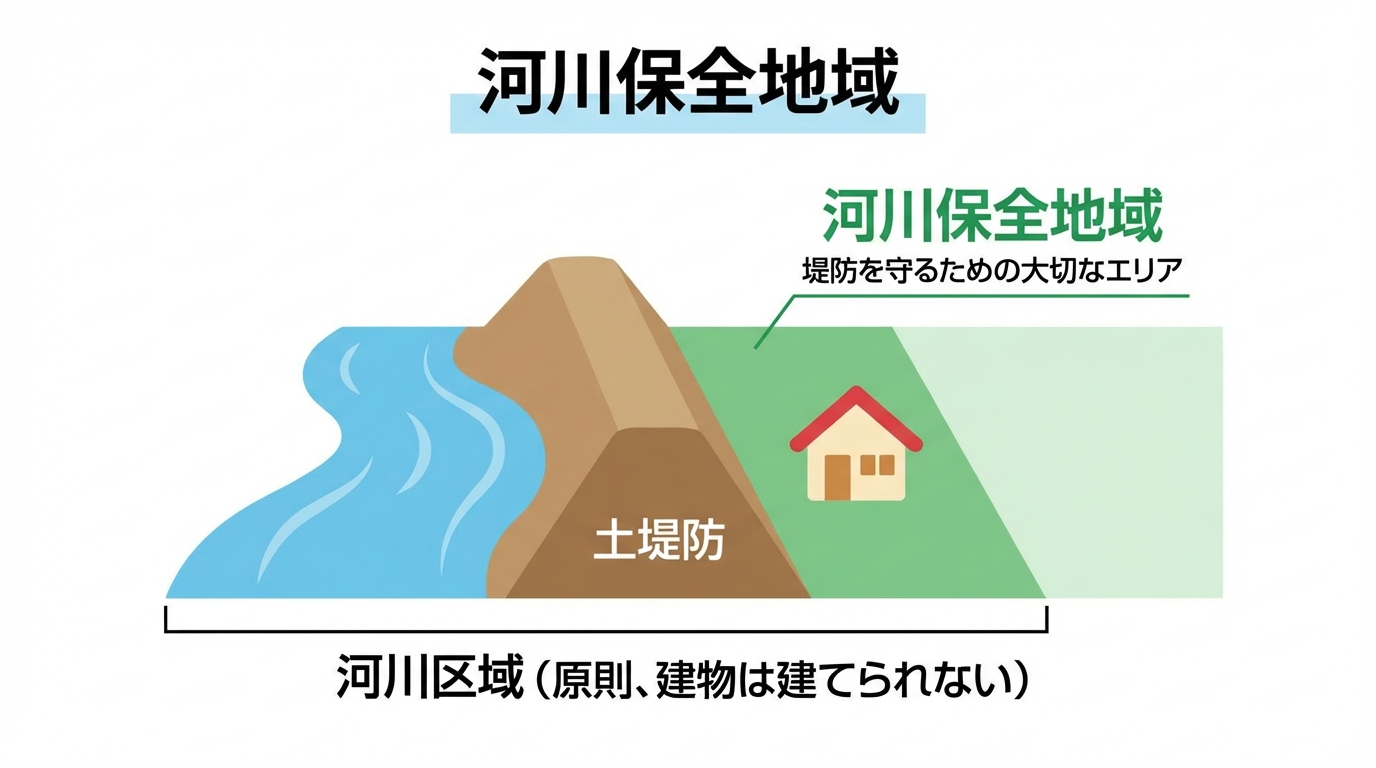 河川保全地域の概念図。川と堤防からなる「河川区域」と、それに隣接する「河川保全地域」の位置関係を分かりやすく示したイラスト。