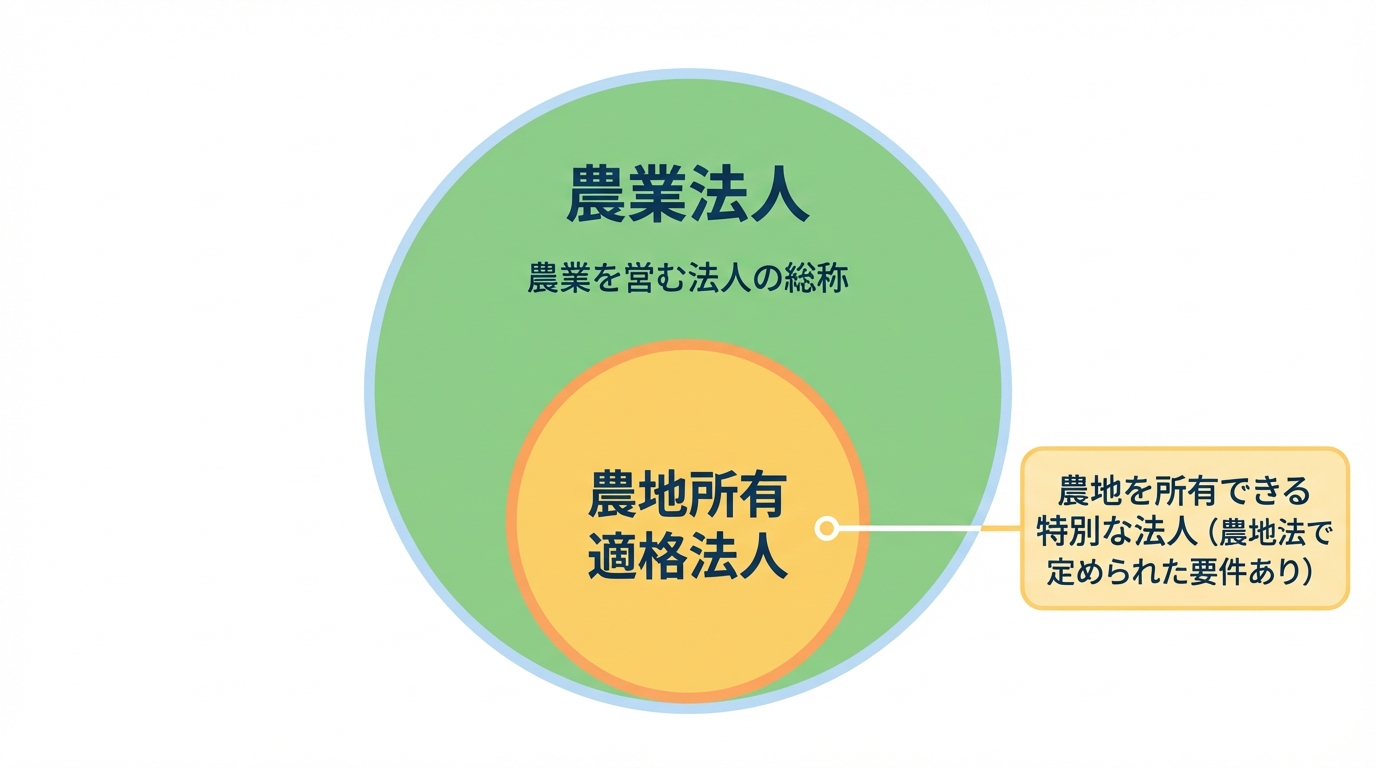 農業法人と農地所有適格法人の関係を示す図。大きな円の「農業法人」の中に、小さな円の「農地所有適格法人」が含まれており、後者が特別な法人であることが示されている。