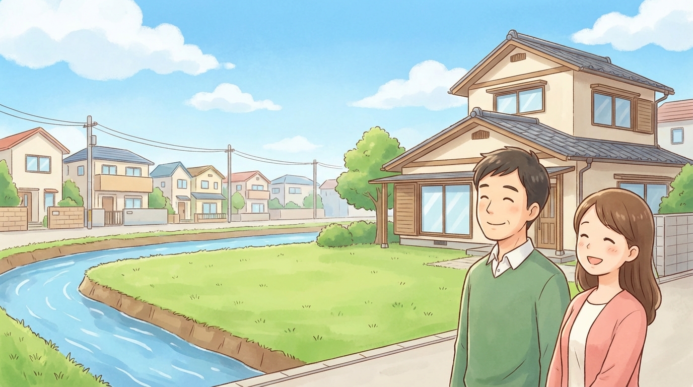 用途廃止・払下げが完了し、綺麗になった土地に建つマイホームを眺めて安心する夫婦のイラスト