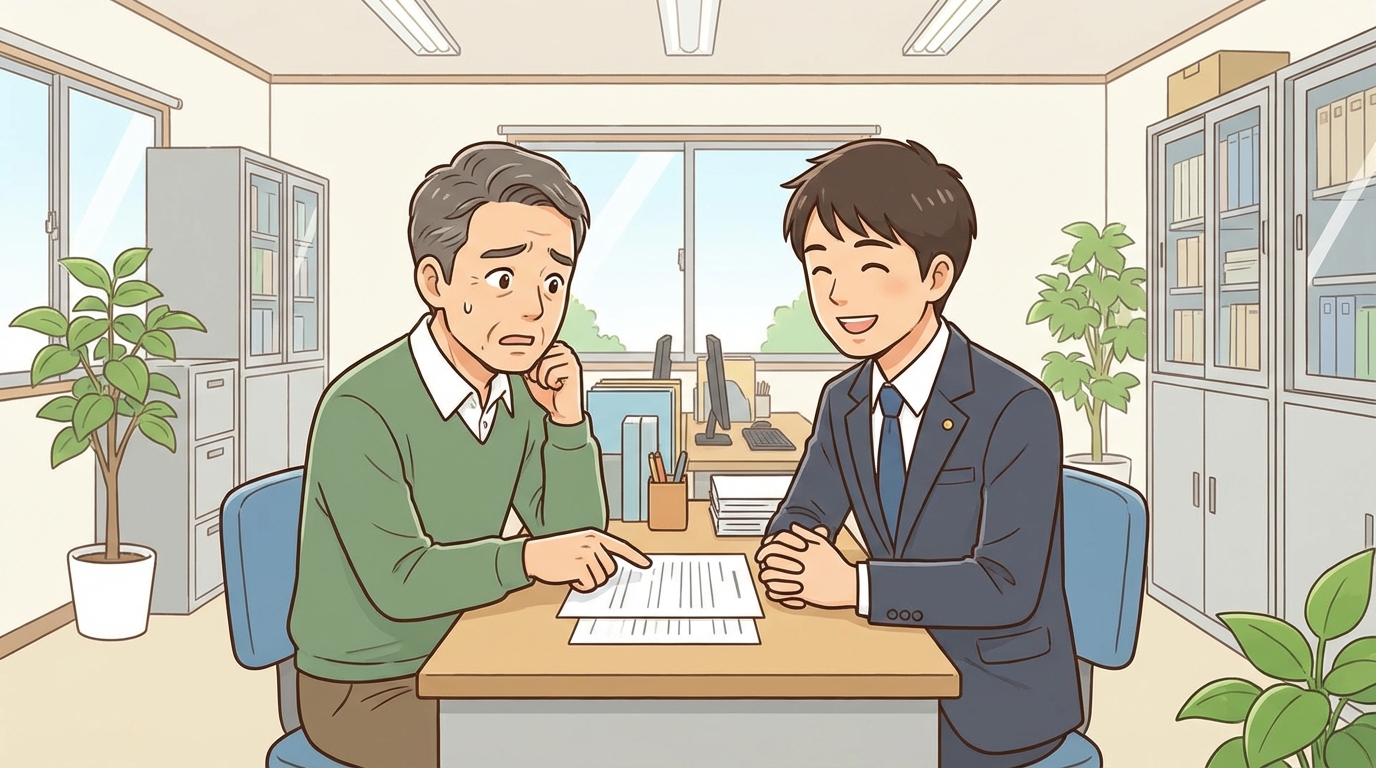農地転用の新しいルールについて、実務家に相談している男性のイラスト。手続きの複雑さに不安を感じている様子が描かれている。