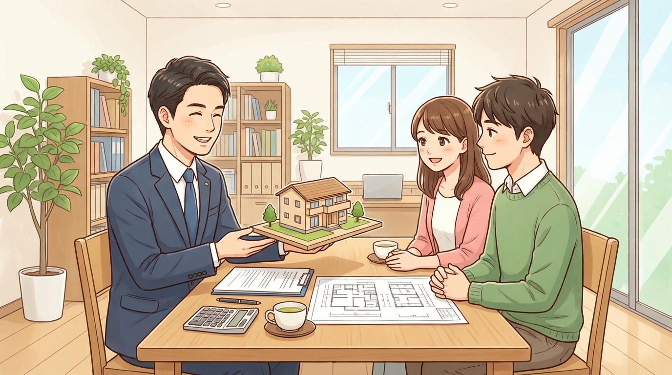 行政書士に河川保全地域での住宅建築について相談し、安心している夫婦のイラスト。