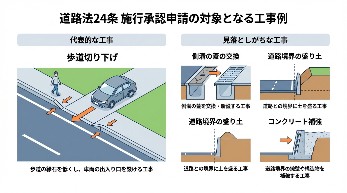 道路法24条の施行承認申請の対象となる工事の具体例を図解したインフォグラフィック。歩道切り下げ、側溝、盛り土、コンクリート補強の例が示されている。