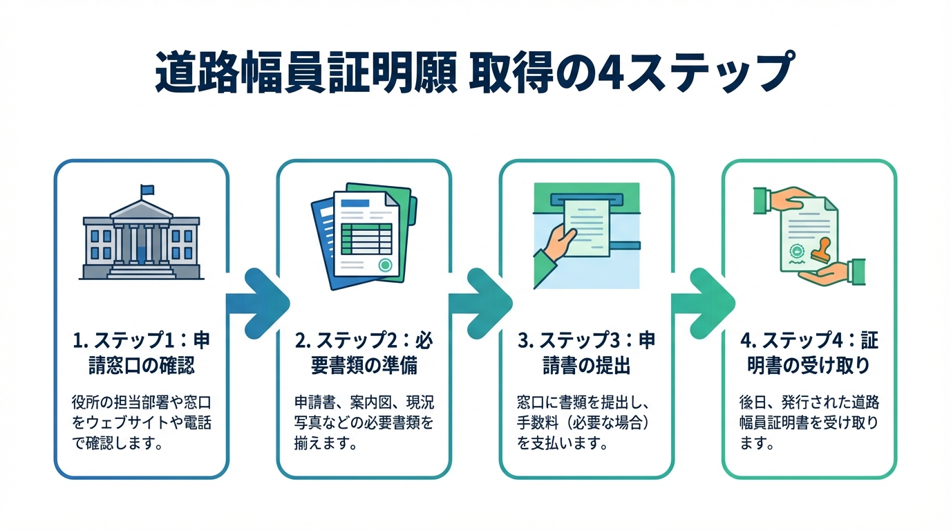 道路幅員証明願を取得するための4つのステップを図解したインフォグラフィック。窓口確認から証明書受け取りまでの流れ。