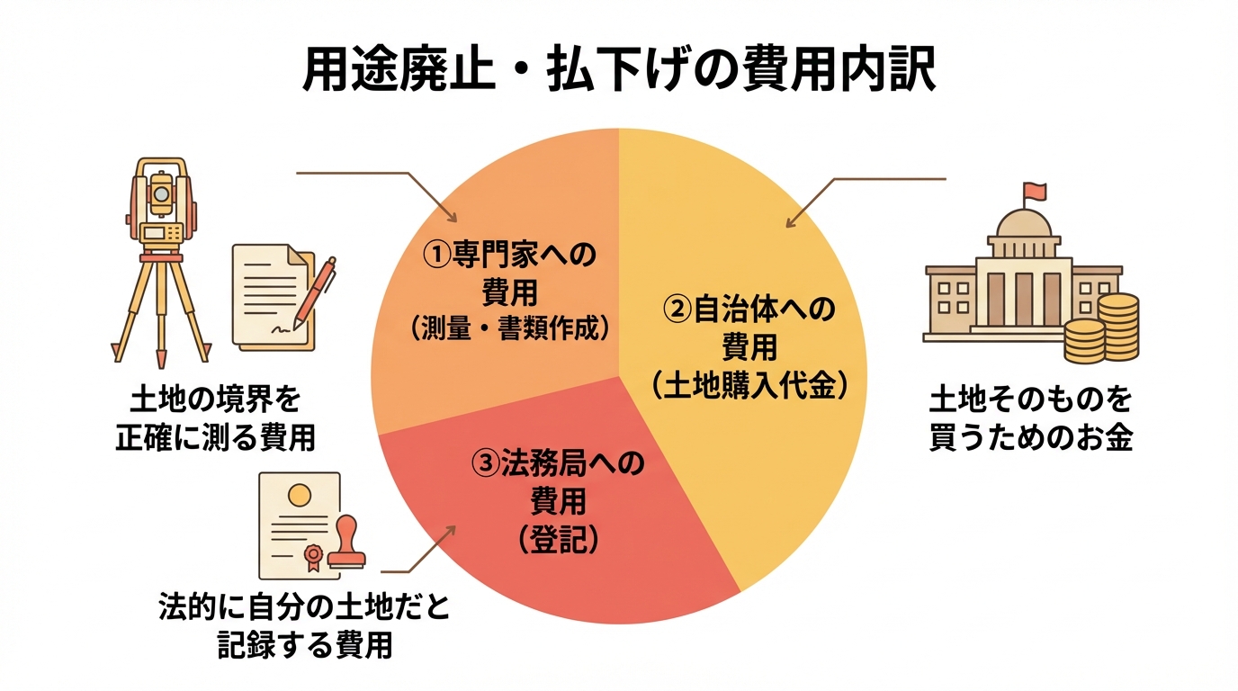 用途廃止・払下げにかかる3つの費用（専門家費用、土地購入代金、登記費用）の内訳を示した円グラフの図解。
