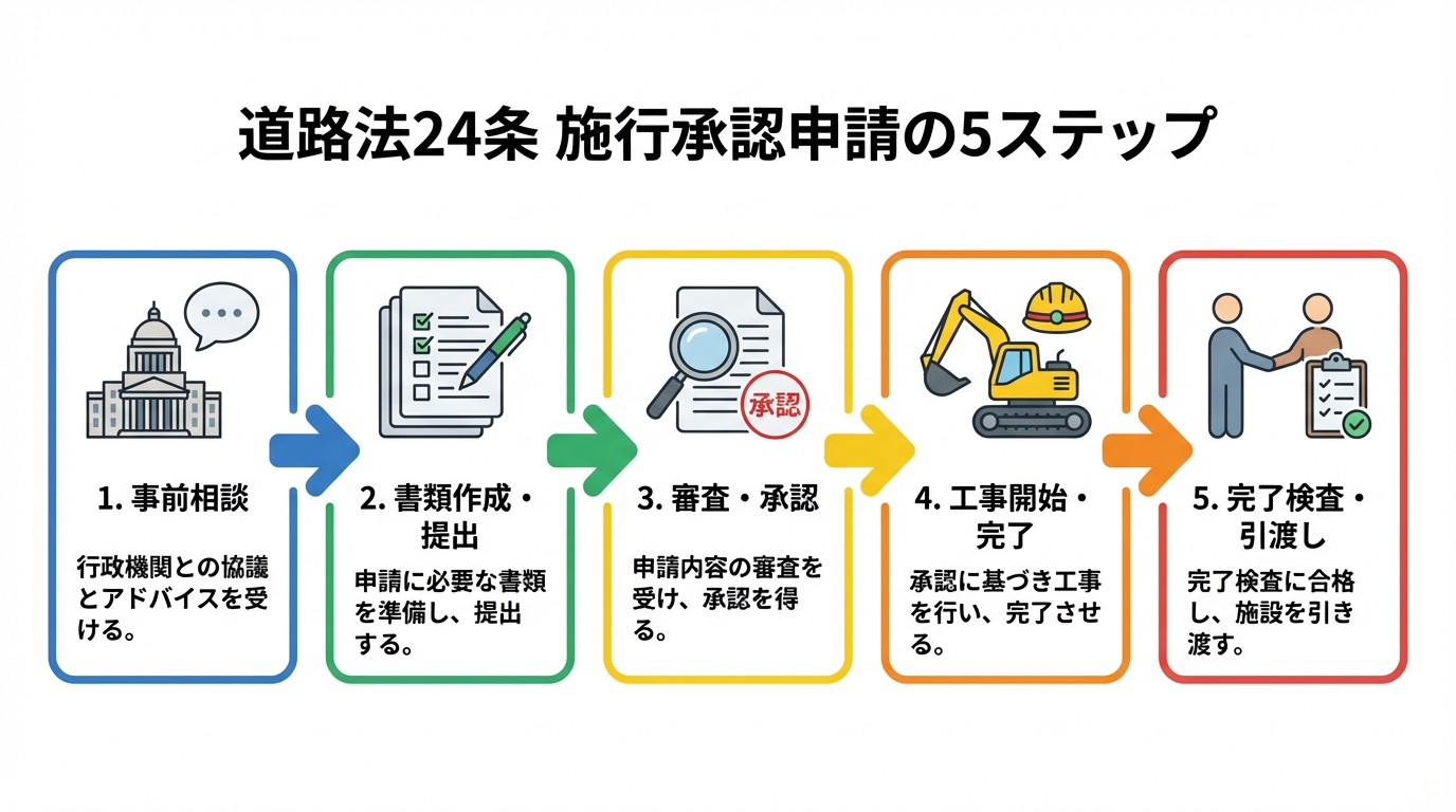 道路法24条の施行承認申請の基本的な流れを5つのステップで解説したフローチャート。事前相談から完了検査までの流れが図解されている。