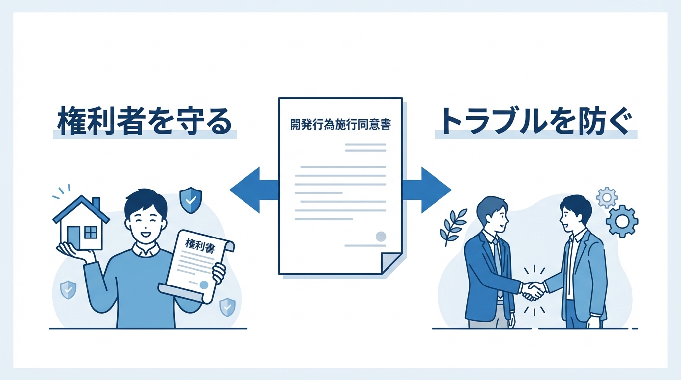 開発行為の同意書の目的を説明する図解。同意書は、権利者を守り、トラブルを防ぐという2つの重要な役割があることを示している。