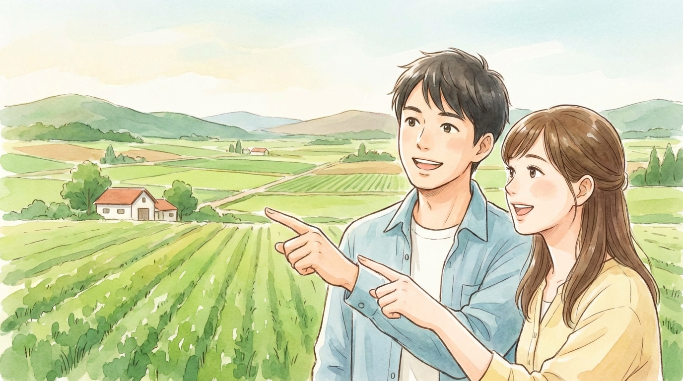 遠くの農地を眺めながら将来の計画を話し合う夫婦のイラスト。農地法3条許可申請のイメージ。