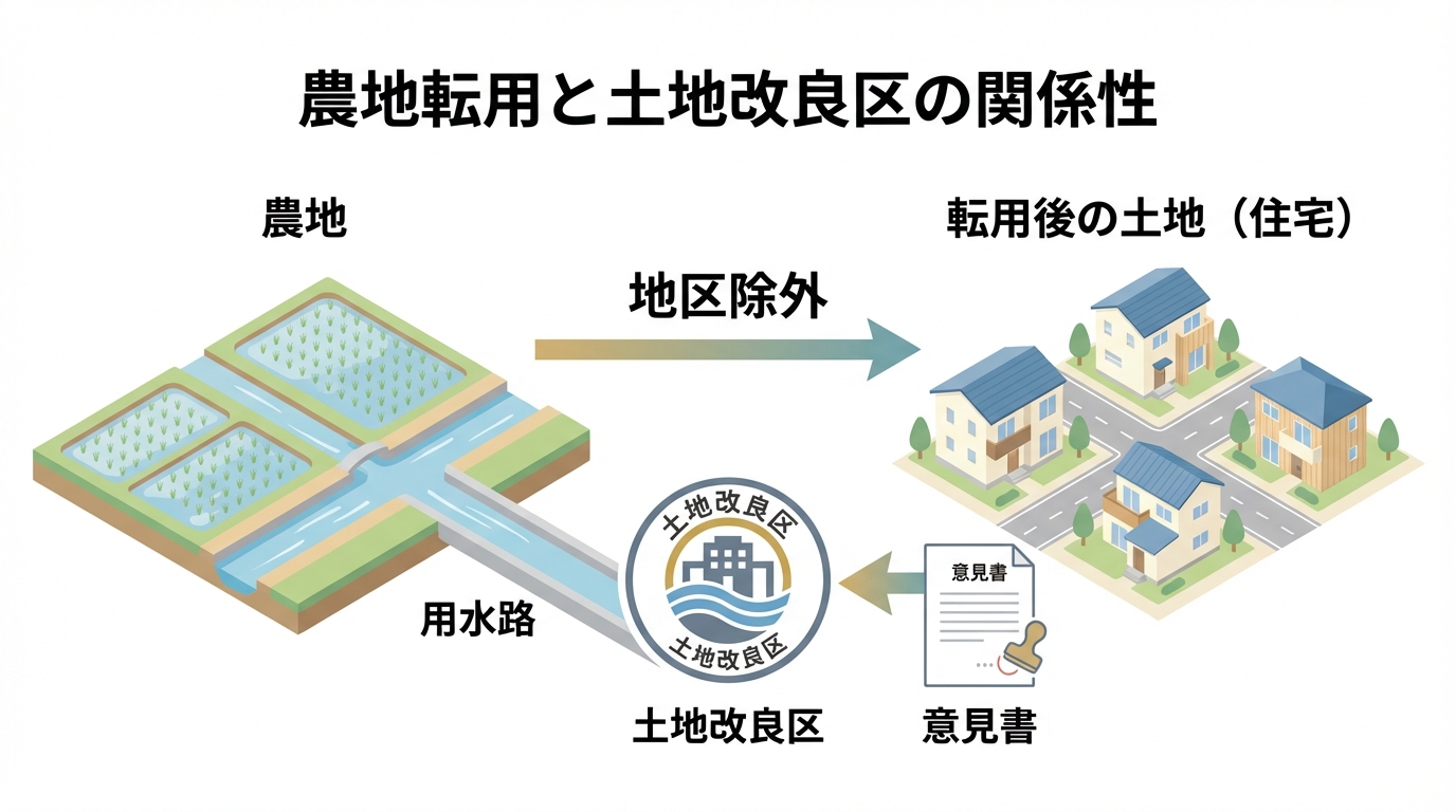 農地転用における土地改良区の役割を示した図解。農地が土地改良区の管理から外れ（地区除外）、意見書が発行される流れをイラストで解説しています。