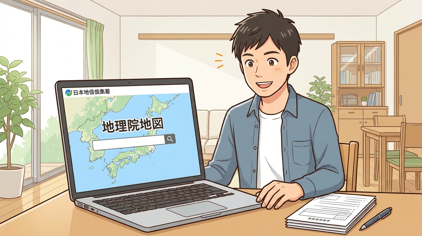 パソコンの画面に表示された国土地理院の地図を見ながら、非農地証明願の手続きを進めている様子。