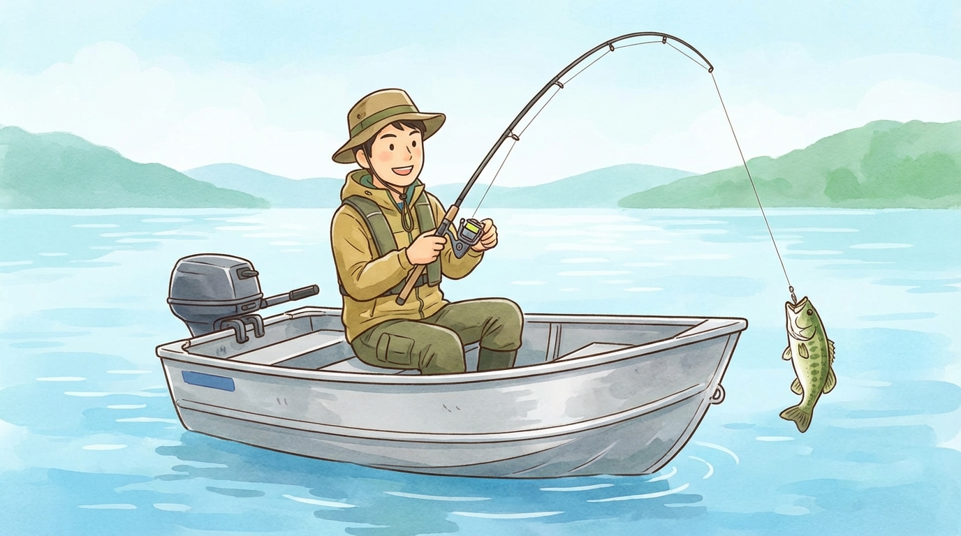 2級湖川小出力限定操縦免許で操縦できる小型ボートでバスフィッシングを楽しむ男性のイラスト。