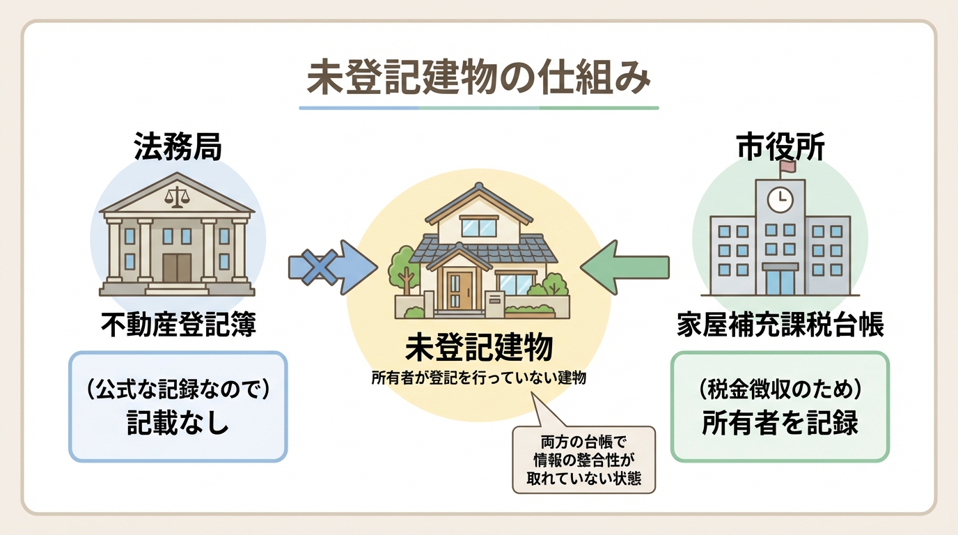未登記建物の仕組みを図解したインフォグラフィック。法務局の登記簿には記載がないが、市役所の家屋補充課税台帳には税金のために記録されていることを示している。