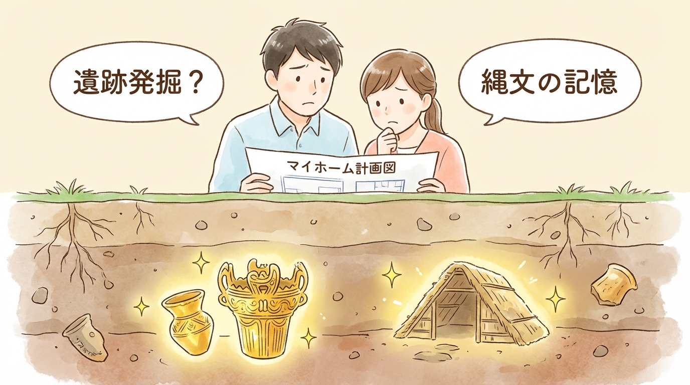 農地の下に眠る埋蔵文化財のイメージイラスト。地上では夫婦が家の計画について悩んでいる。