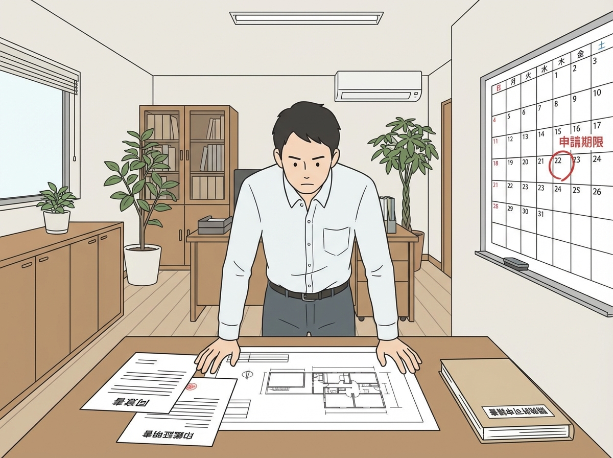 開発許可申請の同意書と印鑑証明書を確認する男性。計画的な書類準備の重要性を象徴している。