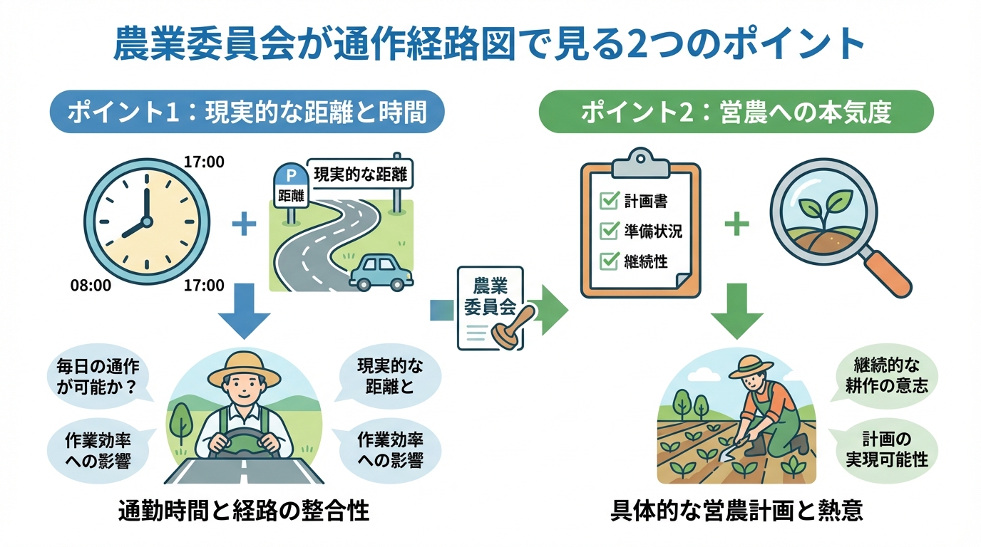 農業委員会が通作経路図で審査する2つのポイント(①物理的な距離・時間、②営農意思の確認)を解説した図解。