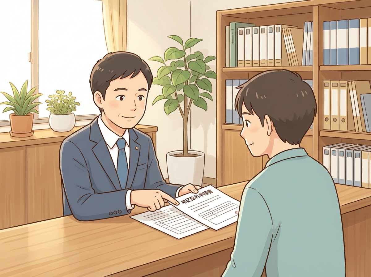 行政書士から土地改良区への提出書類について説明を受ける男性のイラスト。事前準備の重要性を示しています。