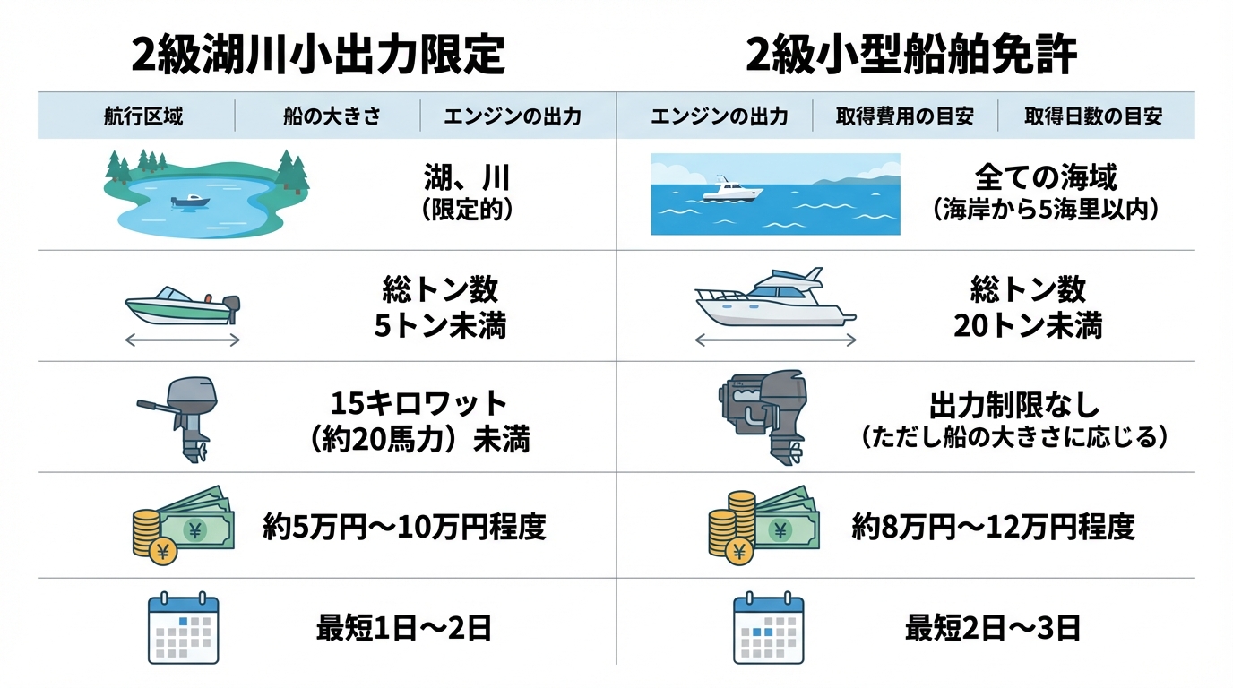 2級湖川小出力限定免許と2級小型船舶免許の違いを航行区域、エンジンの出力、費用、日数の観点から比較した図解。