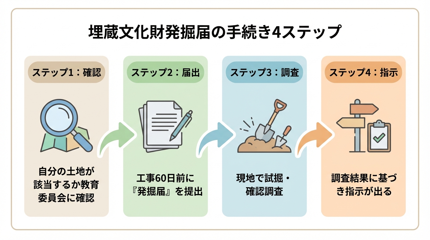 埋蔵文化財発掘届の手続きの流れを図解したインフォグラフィック。確認、届出、調査、指示の4ステップ。