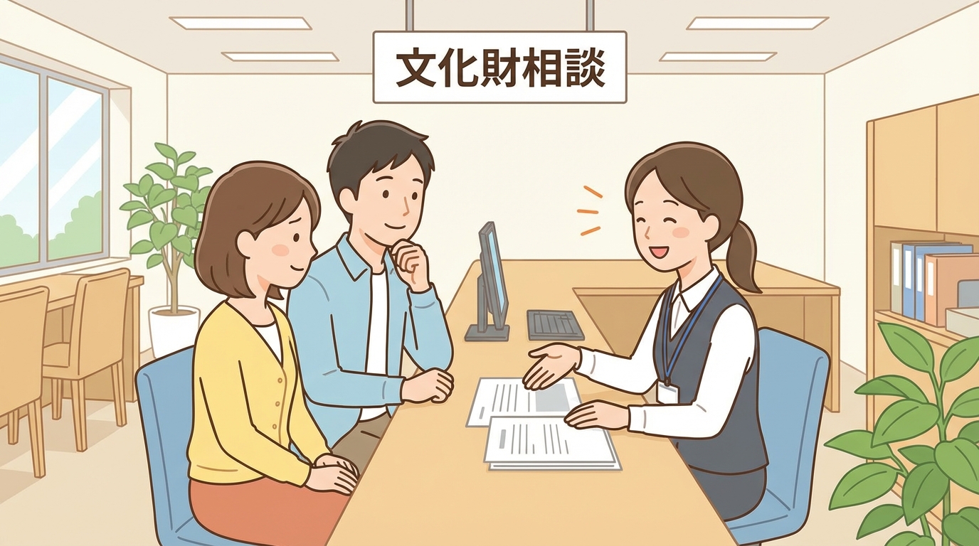 教育委員会の窓口で埋蔵文化財について相談し、安心している夫婦のイラスト。