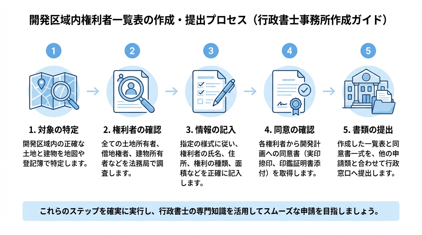 開発区域内権利者一覧表の書き方を5つのステップ（対象の特定、権利者の確認、情報の記入、同意の確認、書類の提出）で示した分かりやすい図解。