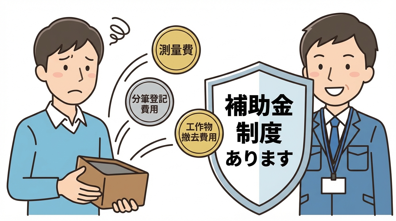 道路後退の寄付で補助金の対象となる費用（測量費、分筆登記費用、工作物撤去費用）のイメージイラスト。