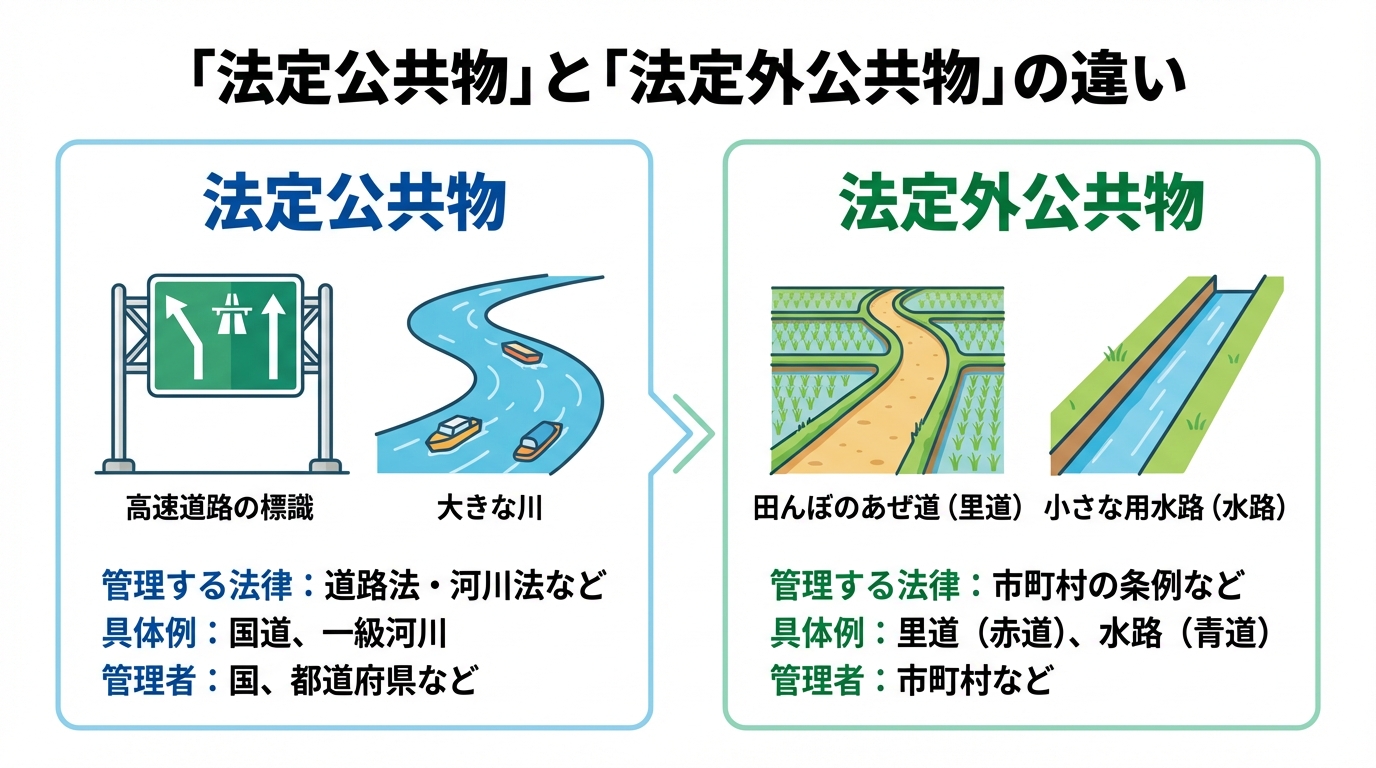 法定公共物と法定外公共物の違いを比較した図解。法定公共物は道路法や河川法で国や都道府県が管理し、法定外公共物は市町村の条例で管理される里道や水路であることが示されている。