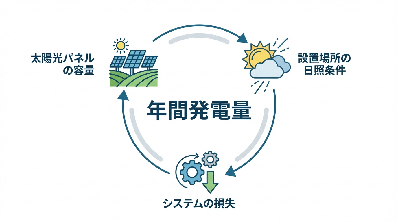 太陽光発電の年間発電量を決める3つの要素(パネル容量、日照条件、システム損失)を分かりやすく示した図解。