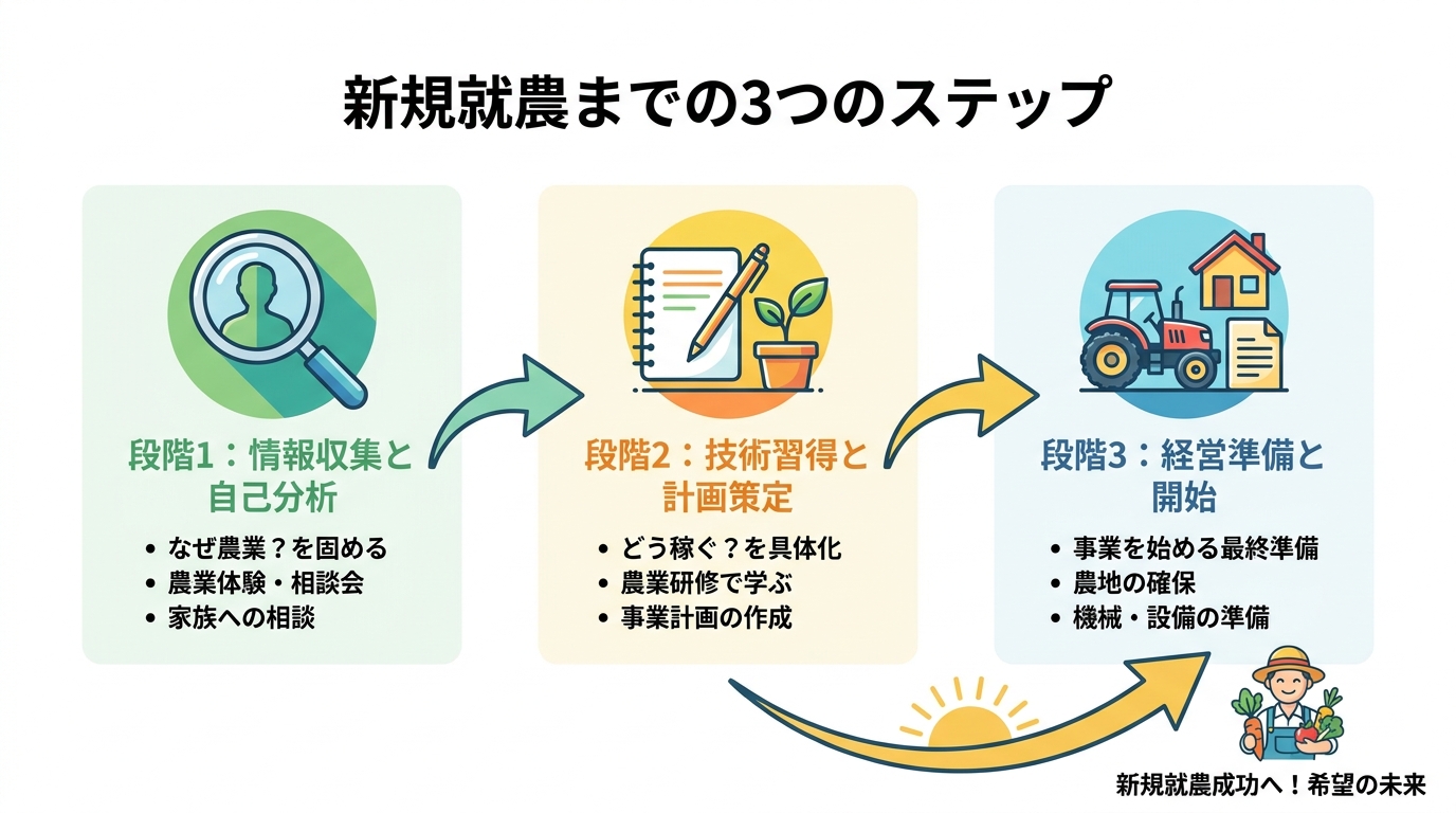 新規就農までの3つの段階を示した図解。情報収集と自己分析、技術習得と計画策定、経営準備と開始のステップが矢印で繋がっている。