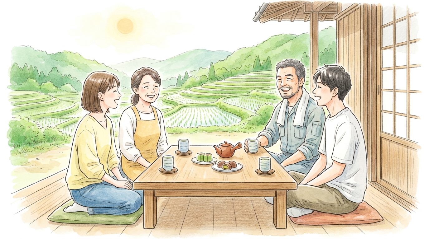 農家民宿の縁側で、オーナー夫婦と宿泊客が楽しそうにお茶を飲んでいるイラスト。