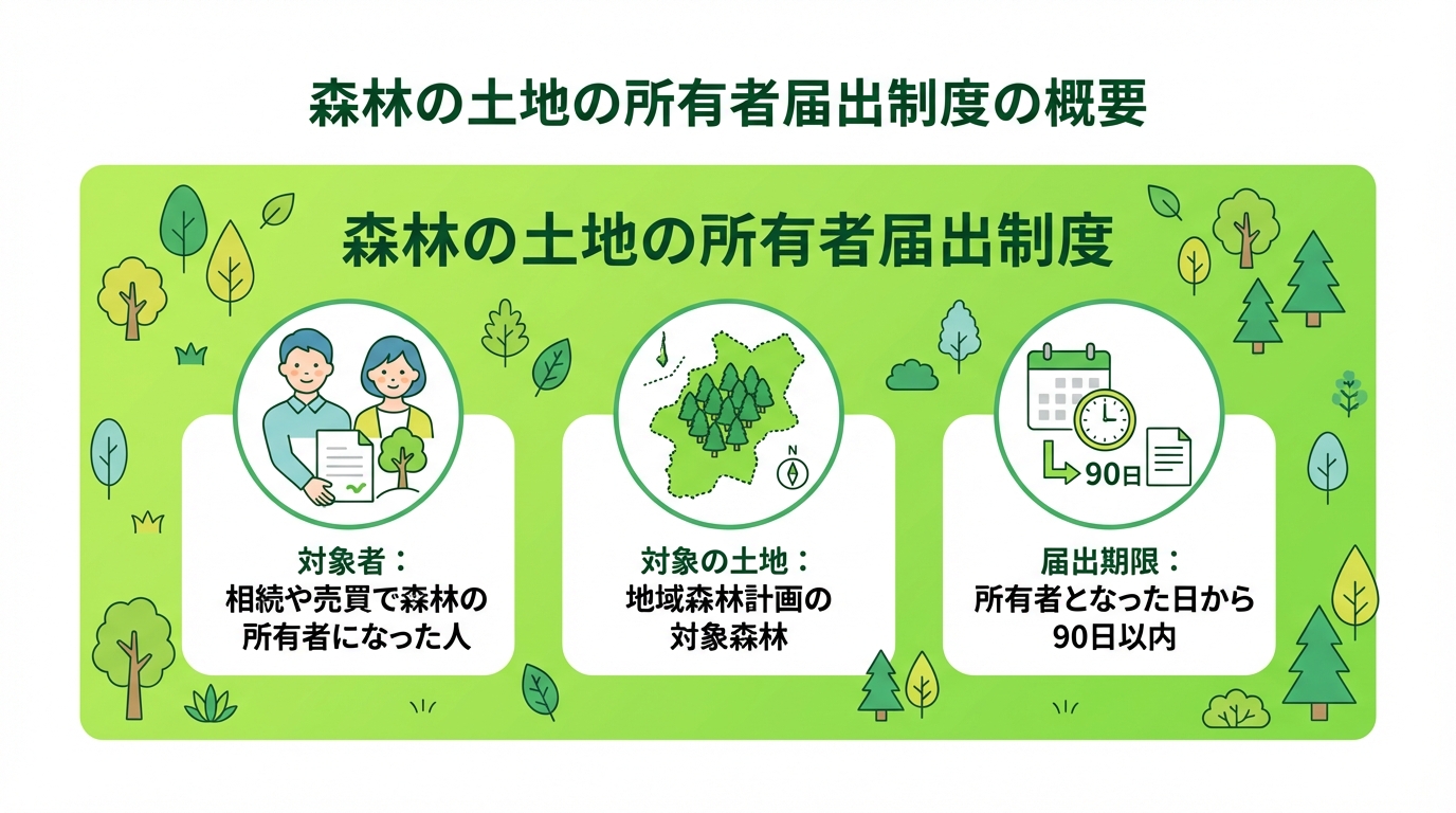 森林の土地の所有者届出制度の概要を示す図解。対象者、対象の土地、90日以内の届出期限という3つの基本要素がアイコンと共に解説されている。
