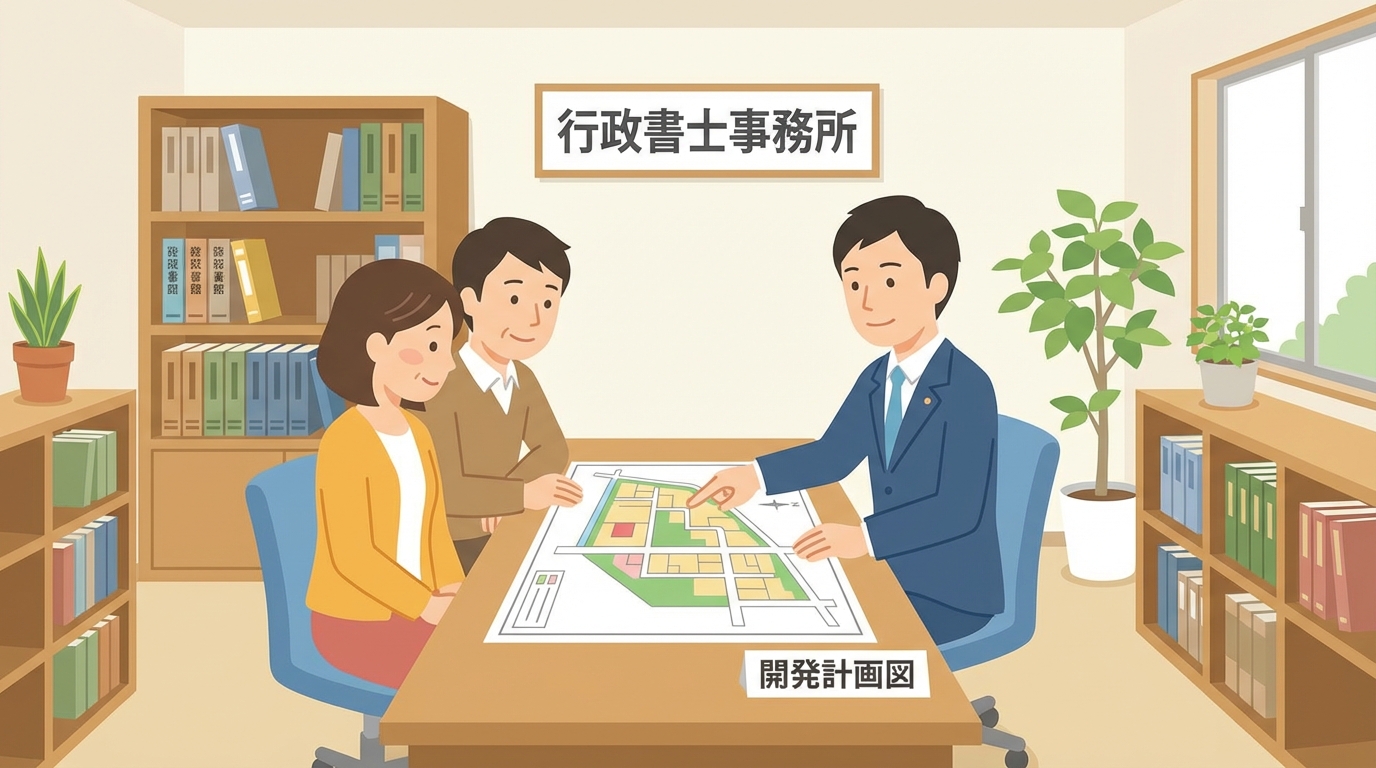 行政書士が開発計画について相談者に分かりやすく説明しているイラスト。権利者一覧表作成のサポートを象徴している。