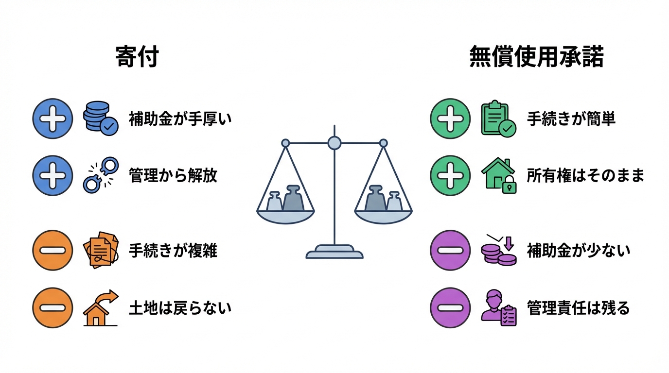 道路後退用地の「寄付」と「無償使用承諾」のメリット・デメリットを比較する図解。