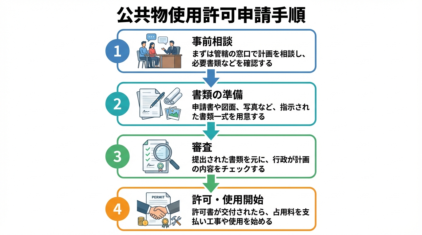 公共物使用許可申請の4ステップを示したフローチャート。事前相談、書類準備、審査、許可・使用開始という流れがアイコンと共に解説されている。