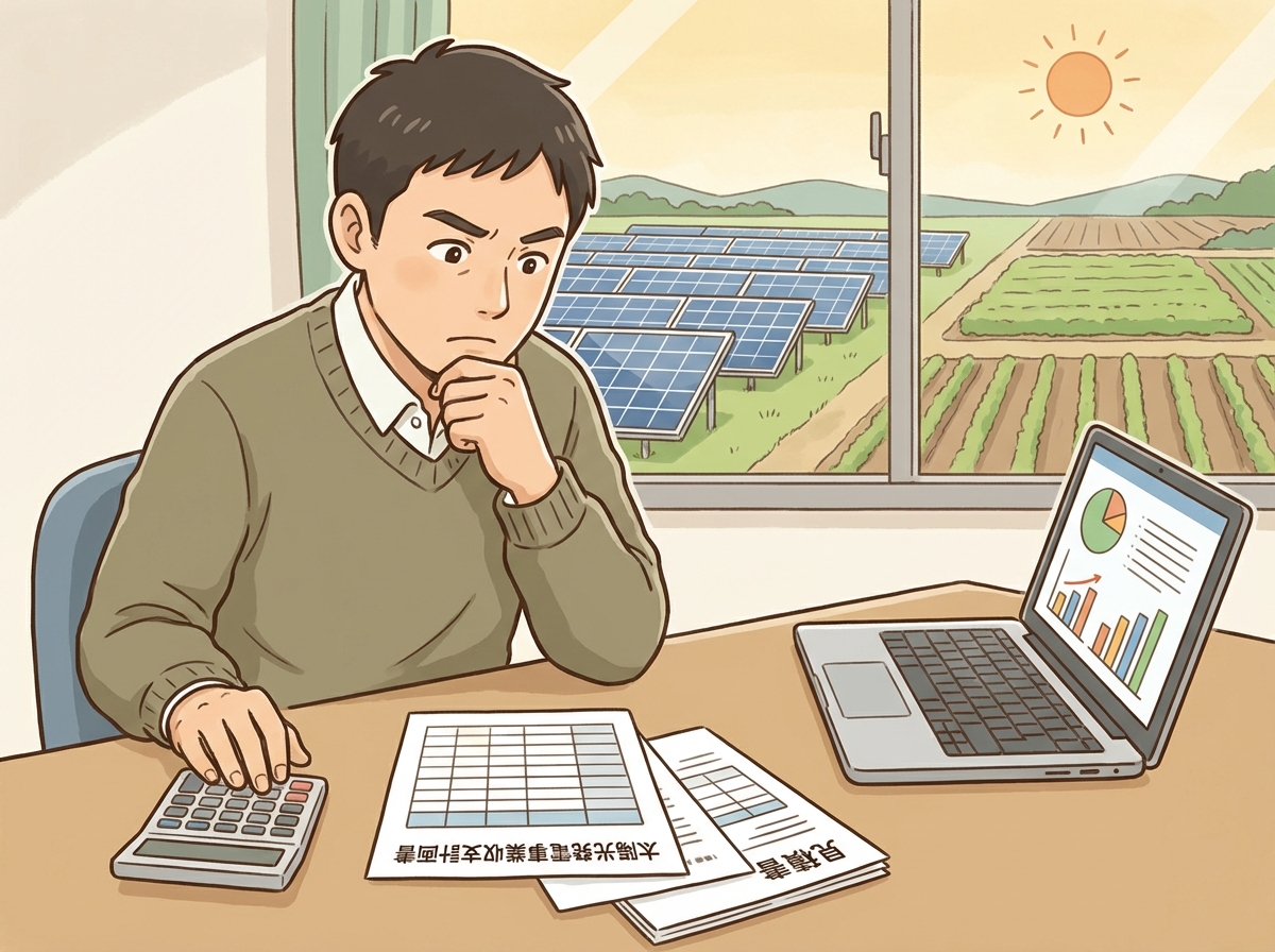 農地での太陽光発電事業の収支計画を立て、真剣な表情で書類を確認している男性のイラスト。