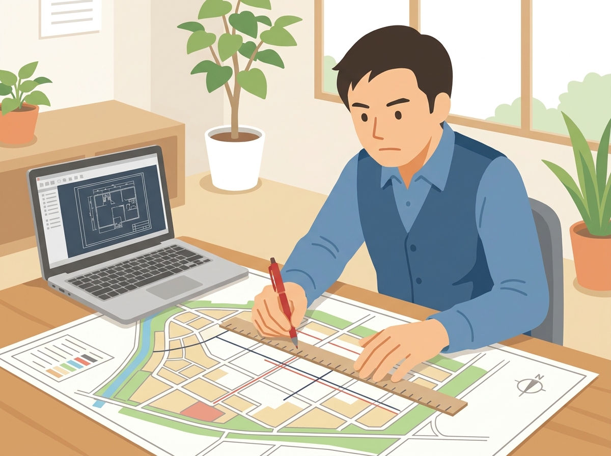 開発許可申請に必要な区域図を作成している男性のイラスト。都市計画基本図の上に定規を当て、丁寧に作業を進めている様子。