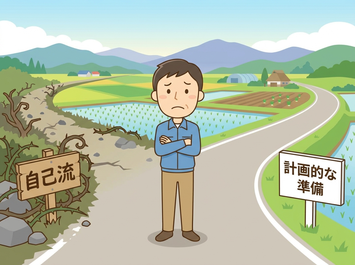 新規就農の計画で悩む男性のイラスト。自己流という茨の道と、計画的な準備という舗装された道の分かれ道に立っている。