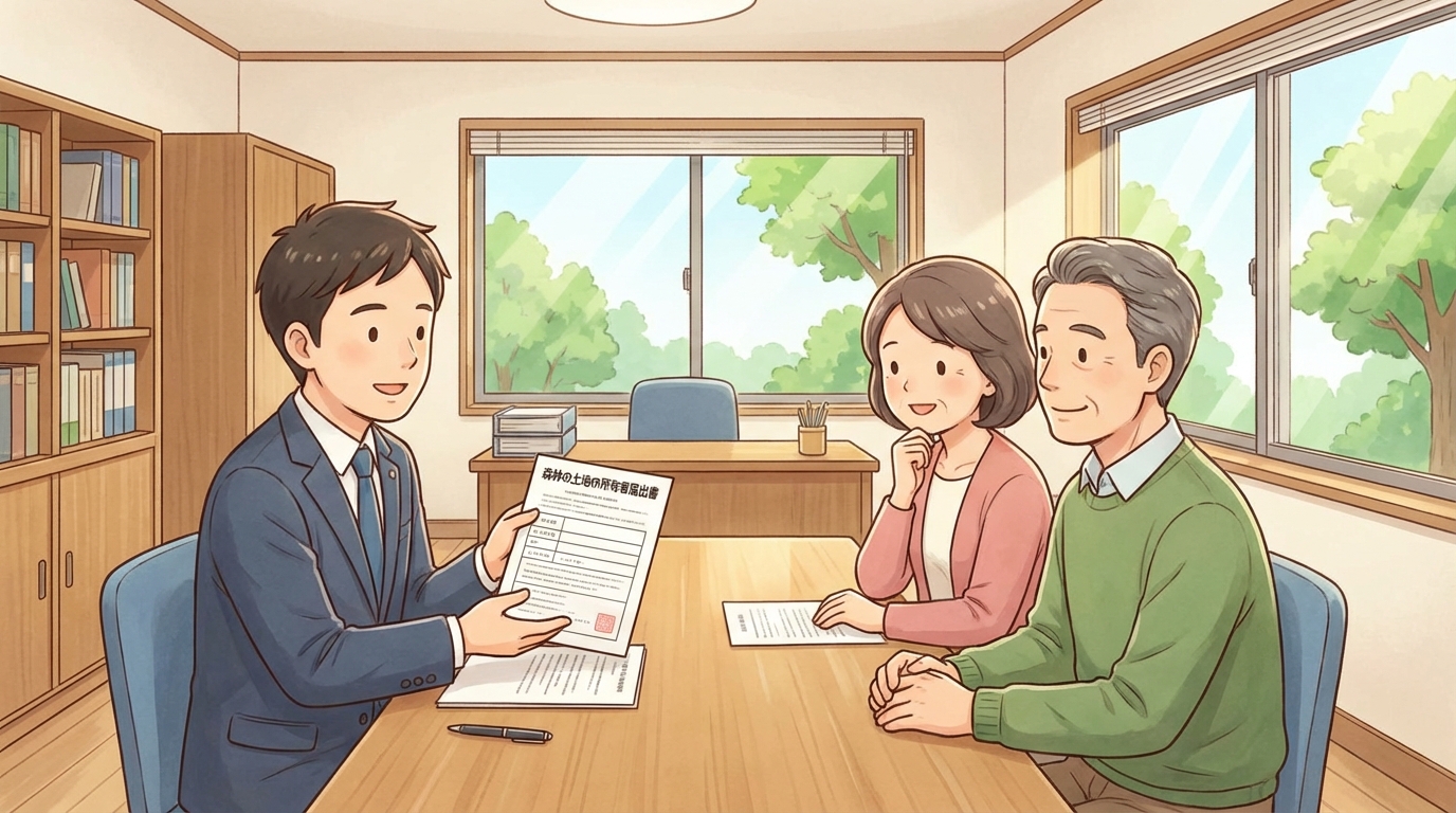 行政書士が森林の土地の所有者届出書の書き方を夫婦に説明しているイラスト。相続手続きの相談風景。