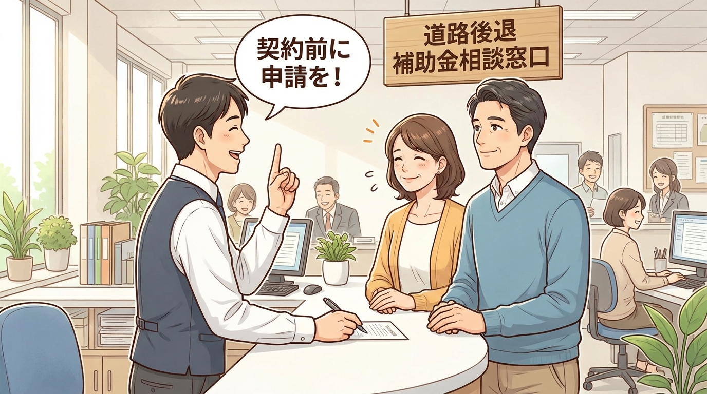 道路後退の補助金申請は、必ず契約や工事の前に相談・申請が必要であることを示す注意喚起のイラスト。