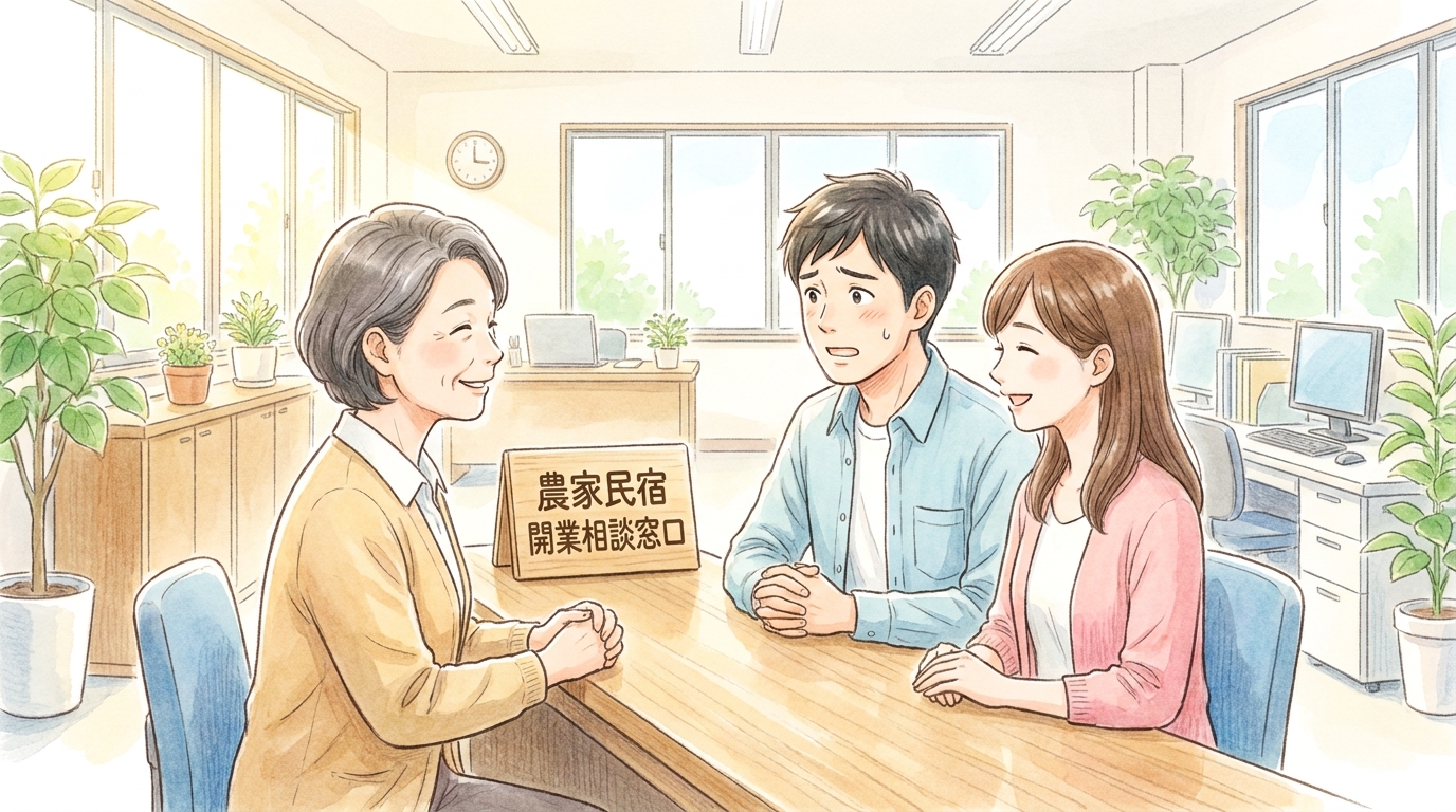 農家民宿の開業について、相談窓口で職員に相談し、安心した表情を浮かべる夫婦のイラスト。