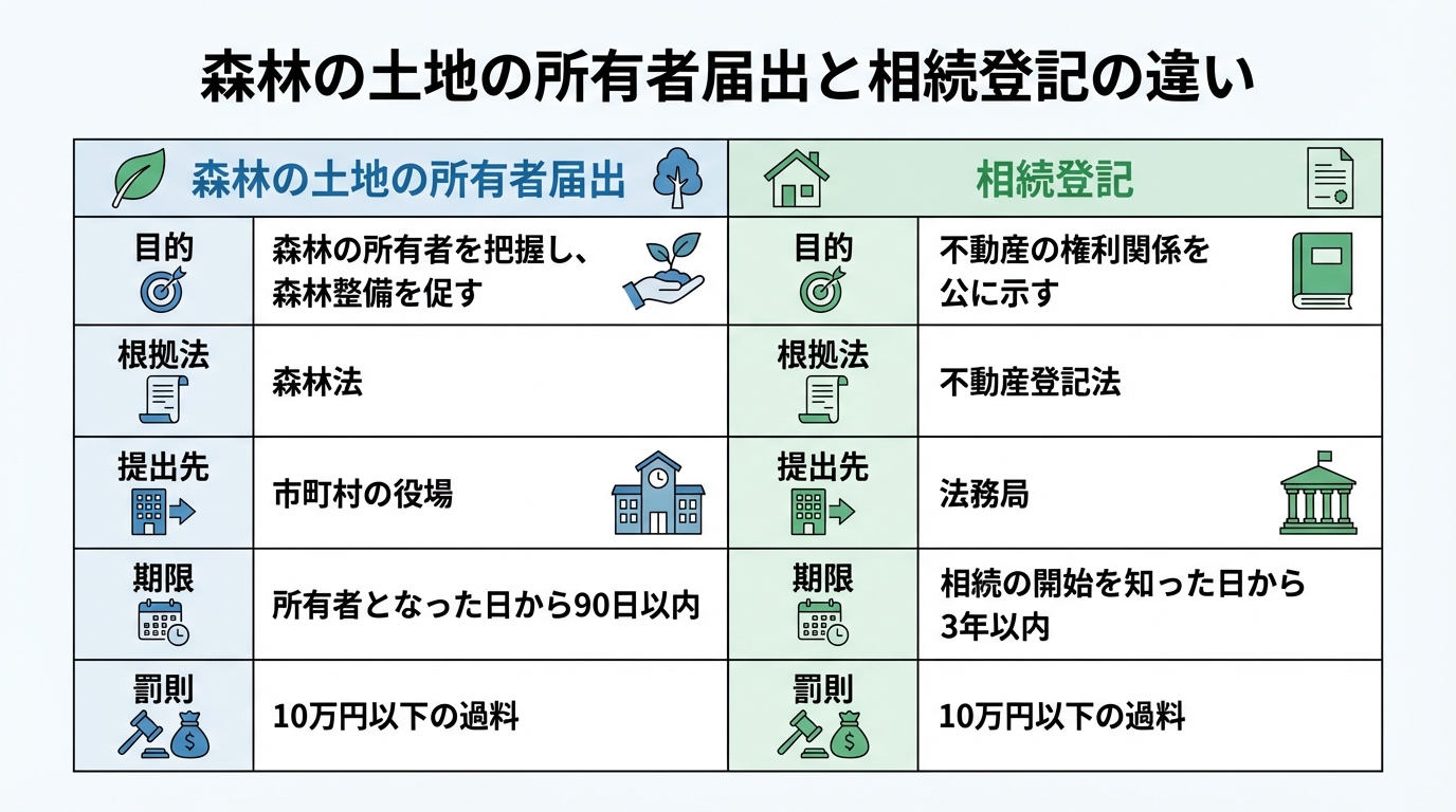 「森林の土地の所有者届出」と「相続登記」の違いを比較する表。目的、根拠法、提出先、期限、罰則の5項目でそれぞれの特徴を解説している。