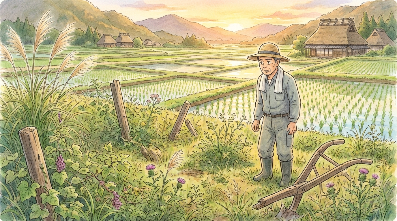 雑草が生い茂る耕作放棄地と、その奥に広がる美しい田園風景を眺める農業者のイラスト。