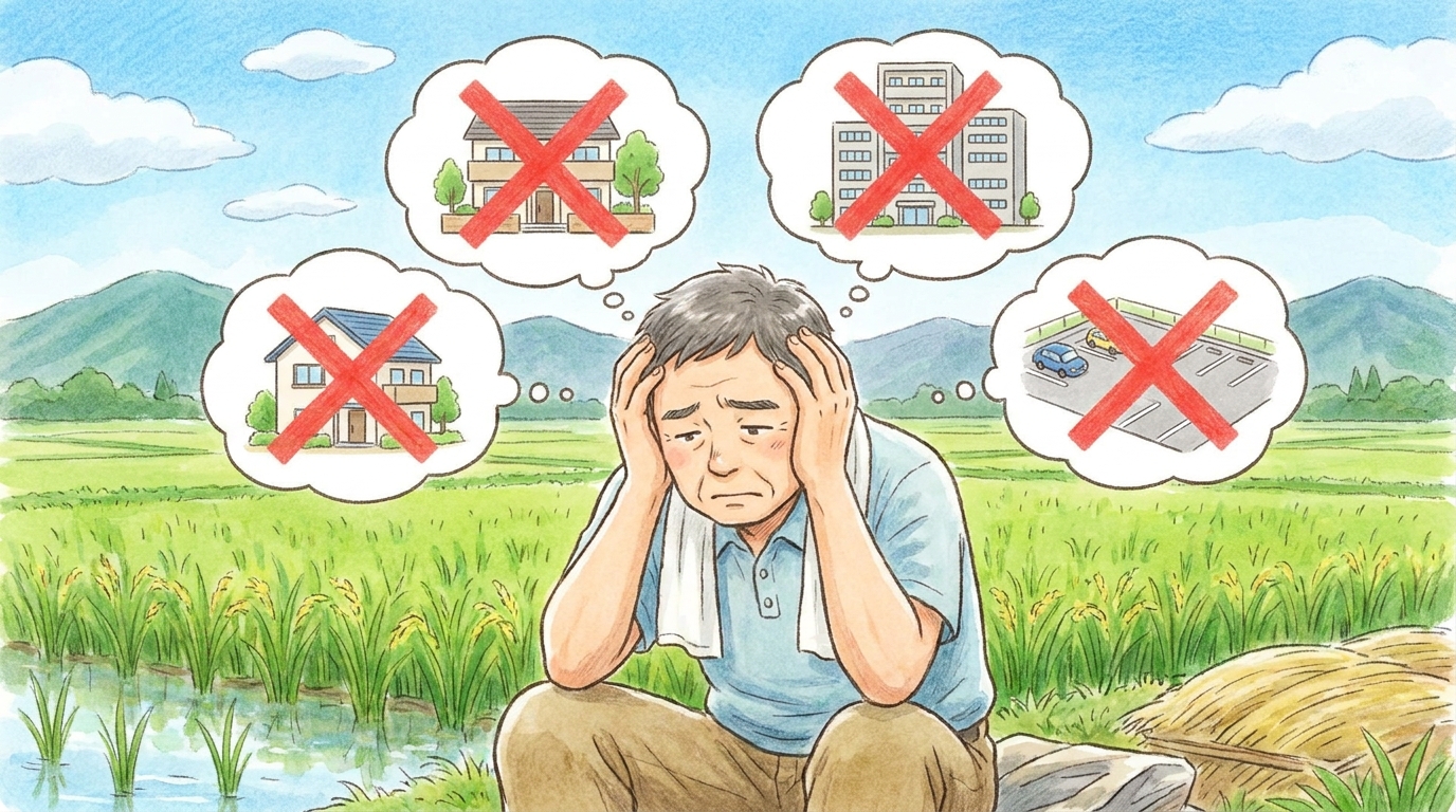 農地法3条許可で取得した農地を前に、転用できずに悩んでいる男性のイラスト。