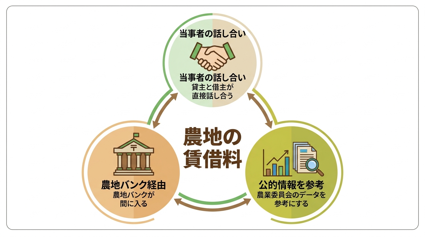 農地の賃借料が決まる3つのパターンを示した図解。当事者の話し合い、公的情報の参考、農地バンク経由の方法がアイコンと共に説明されている。