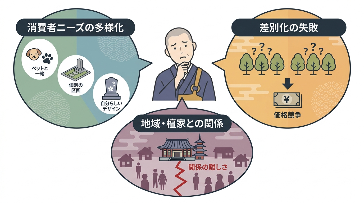 樹木葬運営者が抱える3つの課題（消費者ニーズの多様化、差別化の失敗、地域・檀家との関係）をイラストで表現した図解。