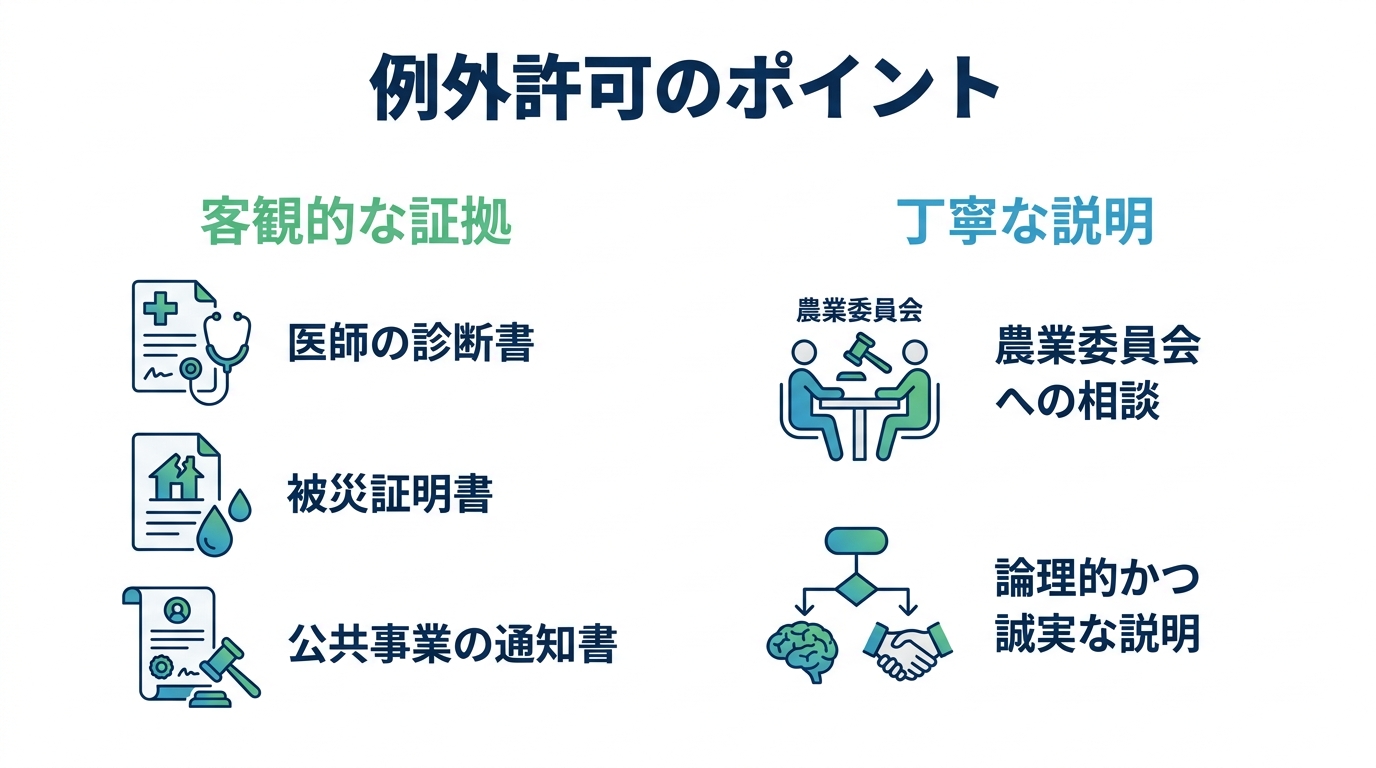 農地転用の例外許可を得るためのポイントを示した図解。「客観的な証拠」と「丁寧な説明」の2点が重要であることがわかる。
