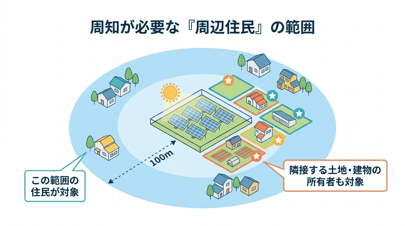 再エネ事業で周知が必要な住民の範囲を示した図解。事業地の境界から100m以内と、隣接する土地・建物の所有者が対象であることが示されている。