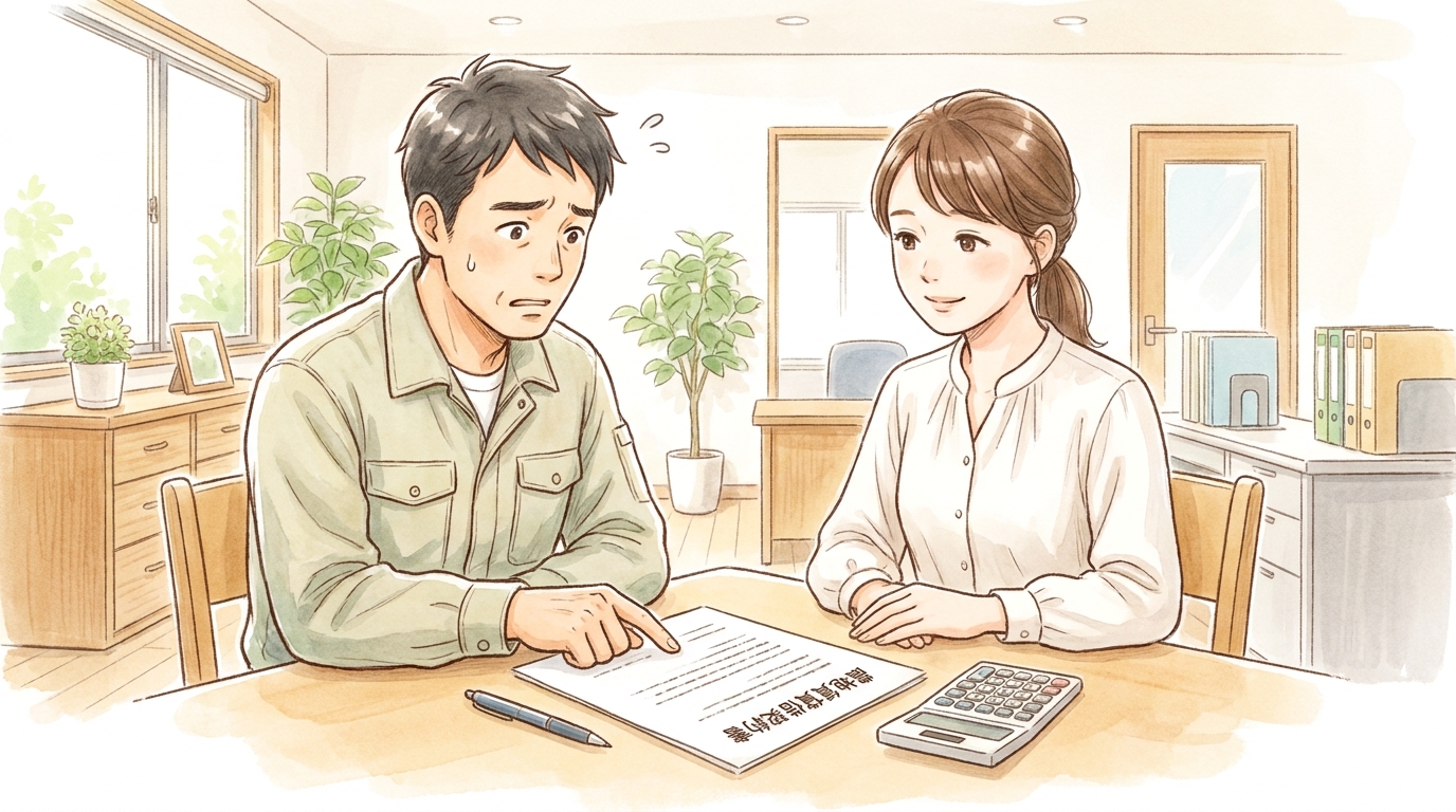 農地の賃貸借契約書について、不安そうな表情の農家が相談し、それに対して行政書士がにこやかに説明しているイラスト。