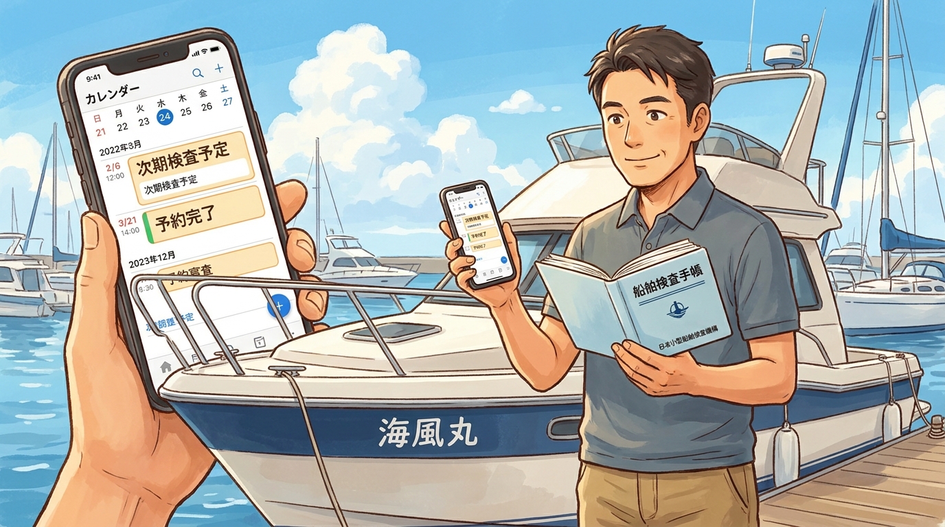 船のオーナーが船舶検査手帳とカレンダーを確認し、次回の検査計画を立てているイラスト。