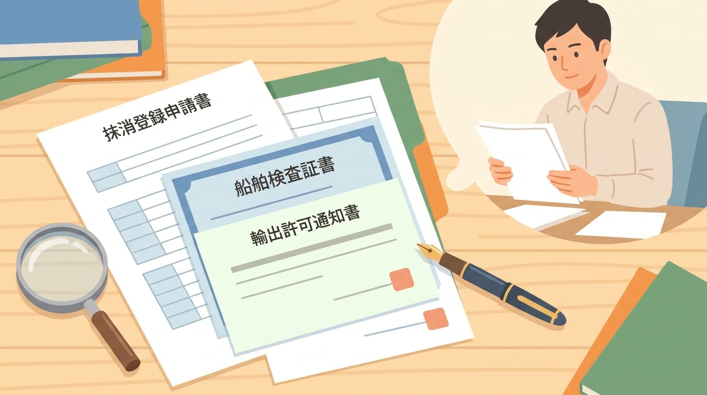 小型船舶の抹消登録に必要な書類一式が机に並べられているイラスト。輸出許可通知書や申請書などがあり、手続きの準備が整っている様子を示している。