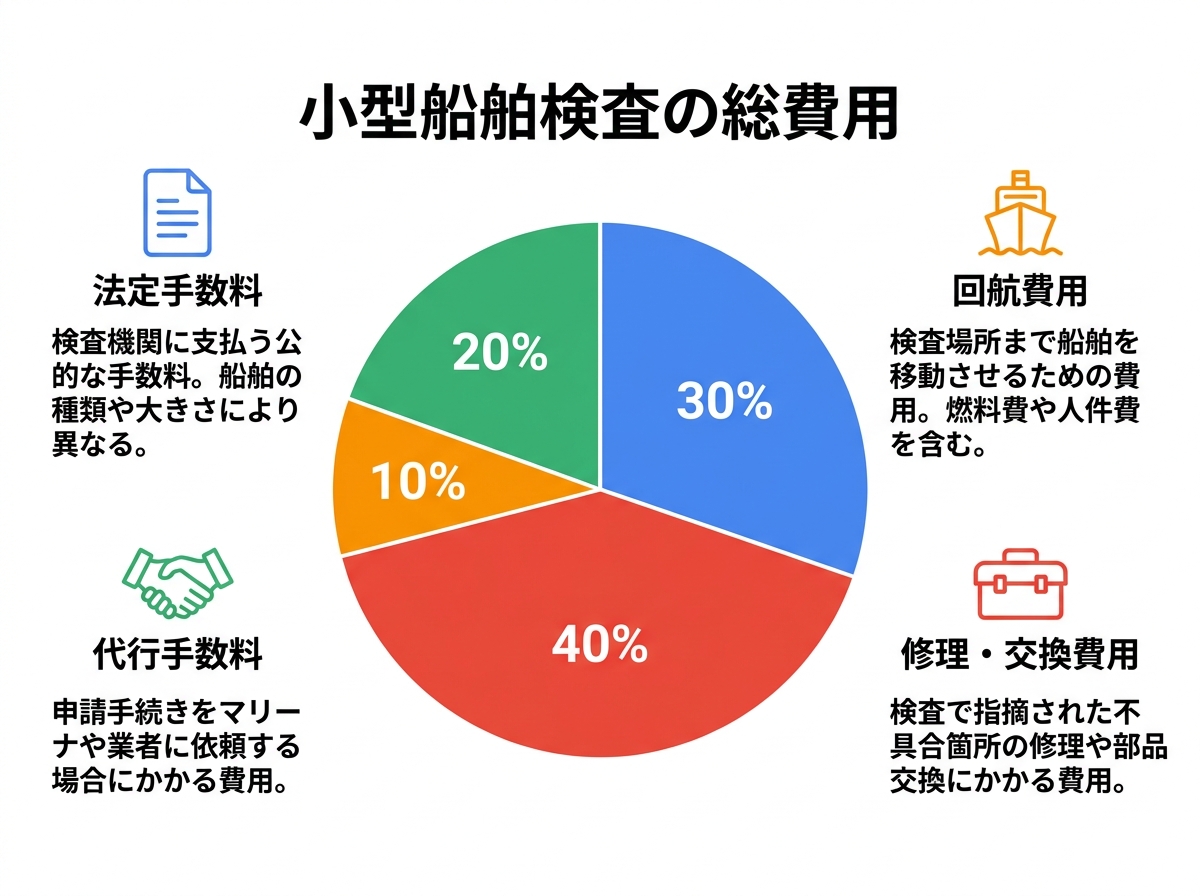 小型船舶検査にかかる総費用の内訳を示す円グラフの図解。法定手数料、代行手数料、回航費用、修理・交換費用が含まれることを示している。